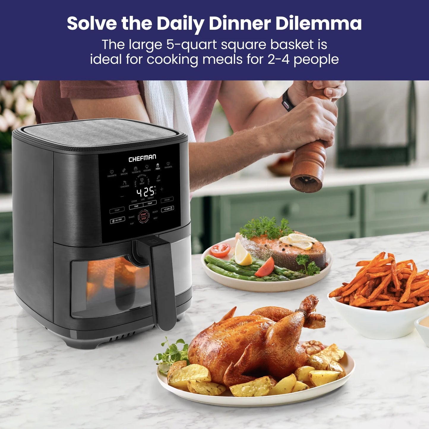 Air Fryer W/ Digital Touch Display, 5 Qt. Capacity, Windowed Basket - Black, New