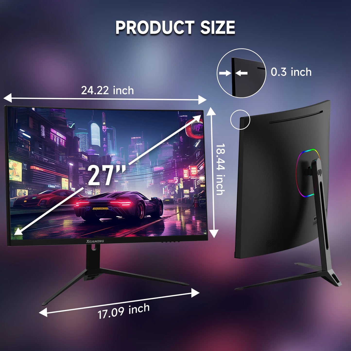 27-Inch 165Hz/144Hz Curved Gaming Monitor, Ultra Wide 16:9 1440P PC Monitor for Laptop with 2*Speakers, 1Ms AMD, QHD2K(2560 X 1440P) HDR Computer Monitor Support VESA, HDMI&DP, Metal Black