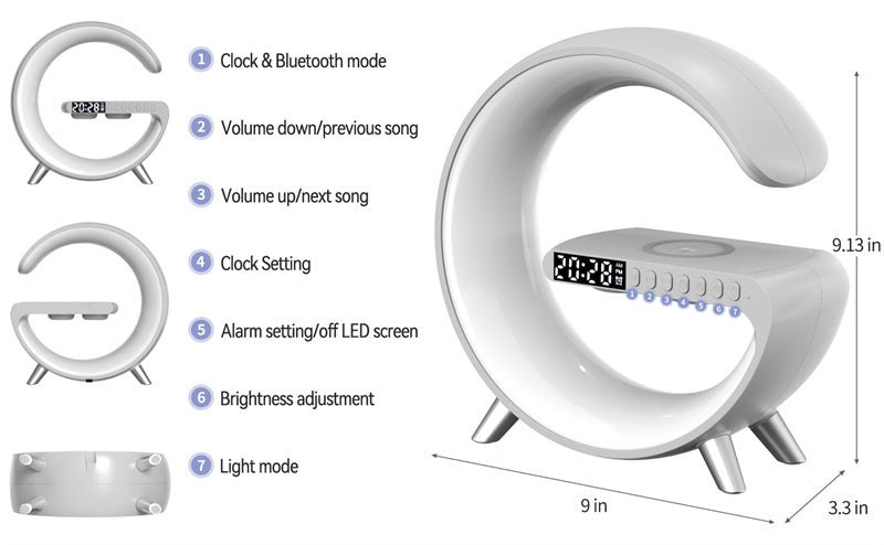 G-Shaped LED Lamp with Bluetooth Speaker & Wireless Charger