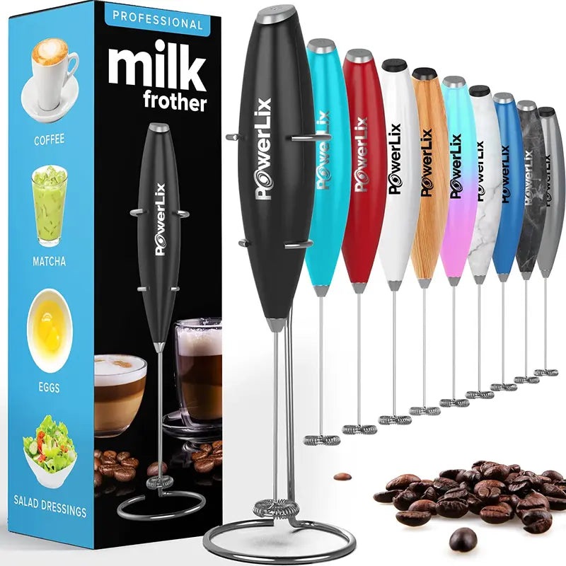 Powerlix Milk Frother Handheld Battery Operated Electric Whisk Beater Foam Maker for Coffee, Latte, Cappuccino, Hot Chocolate, Durable Mini Drink Mixer with Stainless Steel Stand Included